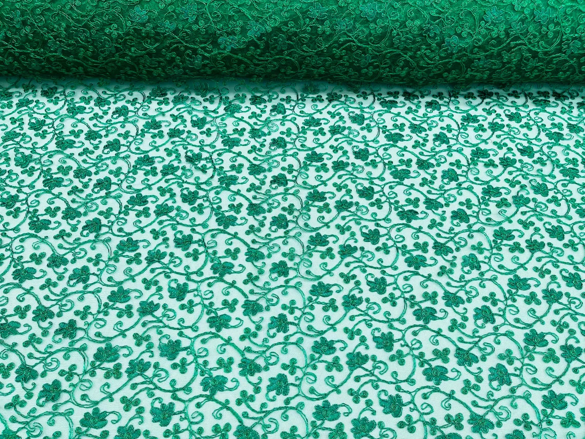 Metallic Floral Lace Fabric - Metallic Green - Embroidered  Flower Design on Lace Mesh Fabric By Yard