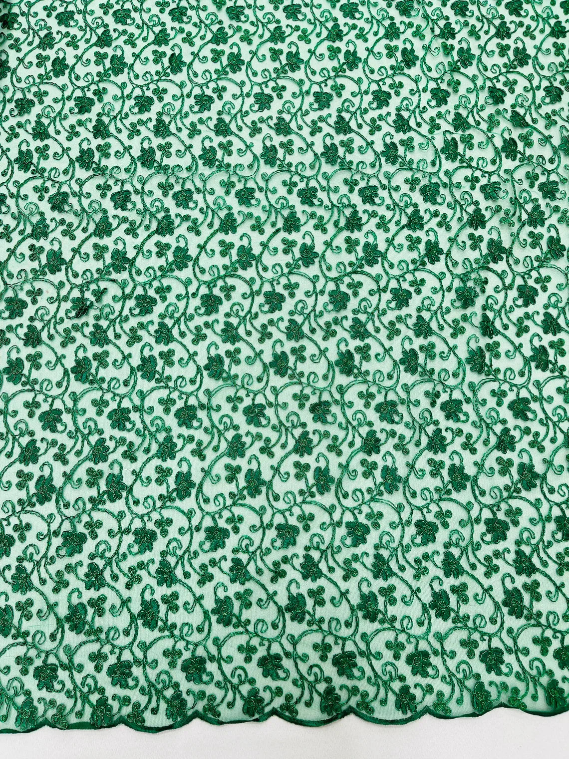 Metallic Floral Lace Fabric - Metallic Green - Embroidered  Flower Design on Lace Mesh Fabric By Yard