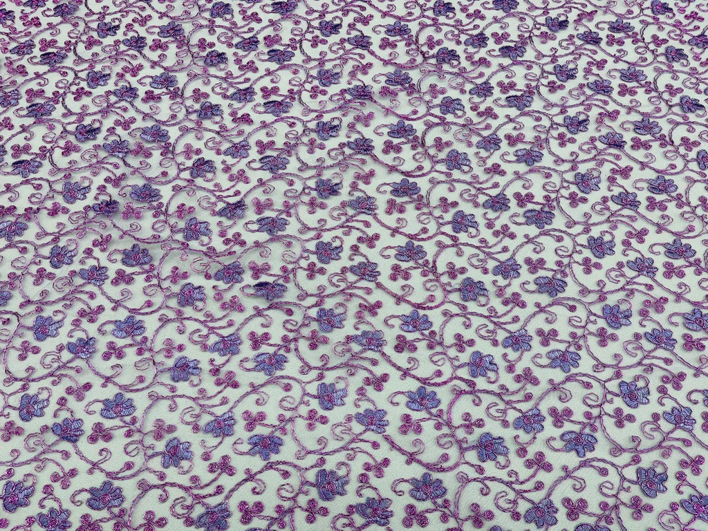 Metallic Floral Lace Fabric - Lilac - Embroidered  Flower Design on Lace Mesh Fabric By Yard