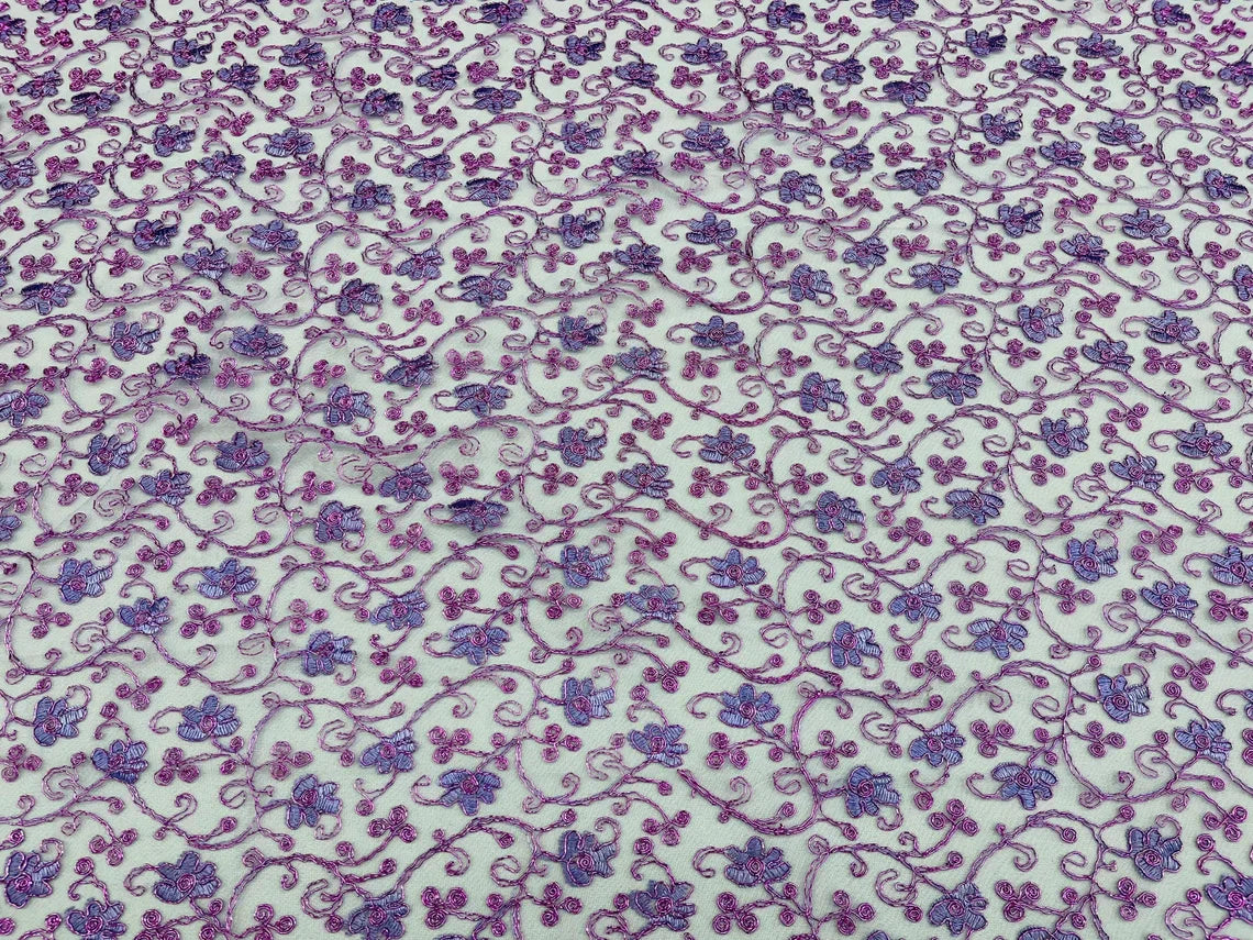 Metallic Floral Lace Fabric - Lilac - Embroidered  Flower Design on Lace Mesh Fabric By Yard