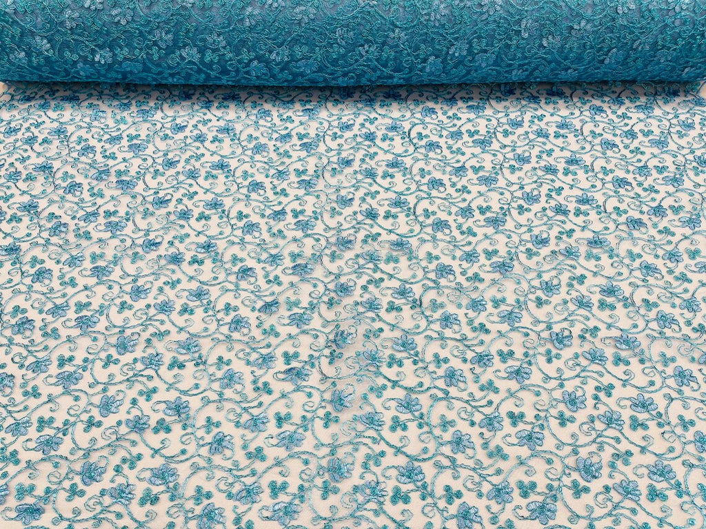 Metallic Floral Lace Fabric - Turquoise - Embroidered  Flower Design on Lace Mesh Fabric By Yard