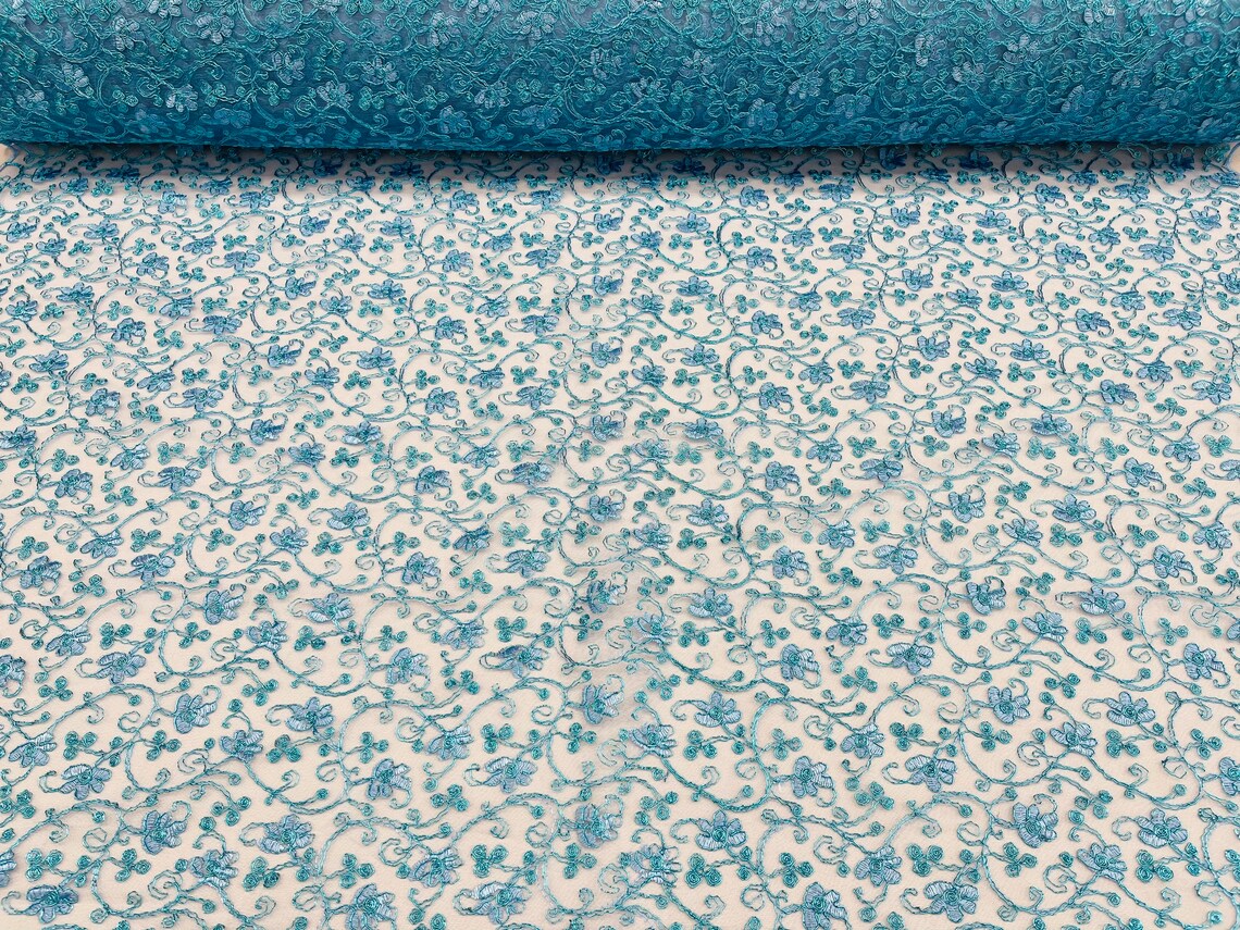 Metallic Floral Lace Fabric - Turquoise - Embroidered  Flower Design on Lace Mesh Fabric By Yard