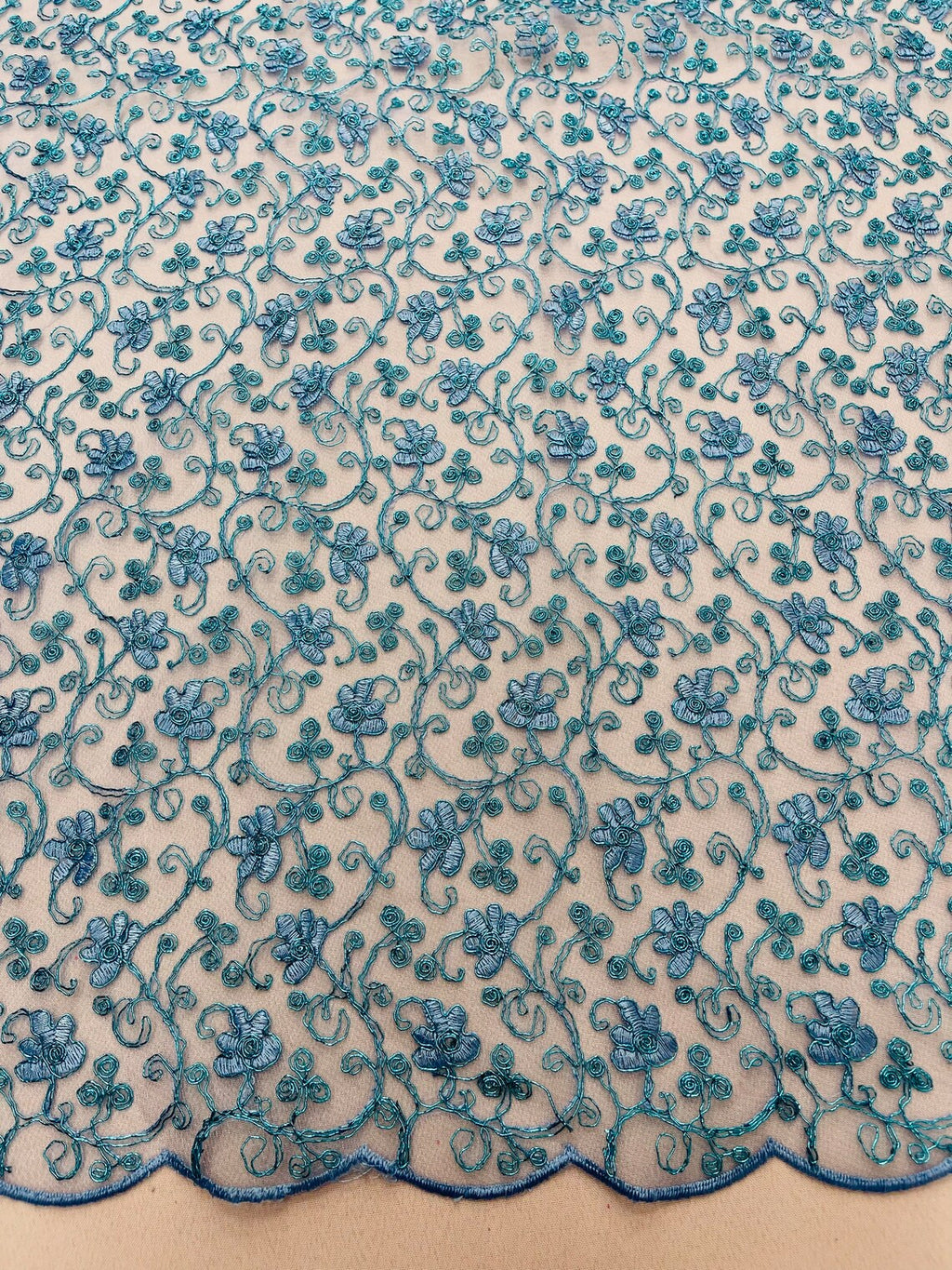 Metallic Floral Lace Fabric - Turquoise - Embroidered  Flower Design on Lace Mesh Fabric By Yard