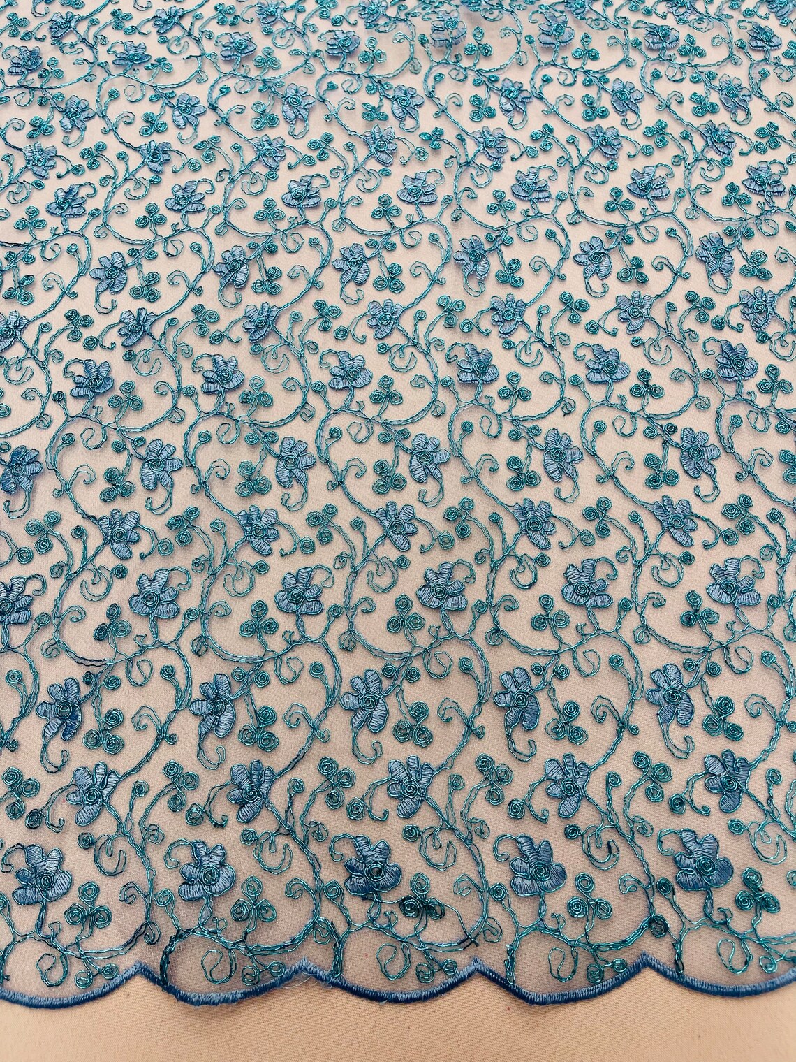 Metallic Floral Lace Fabric - Turquoise - Embroidered  Flower Design on Lace Mesh Fabric By Yard