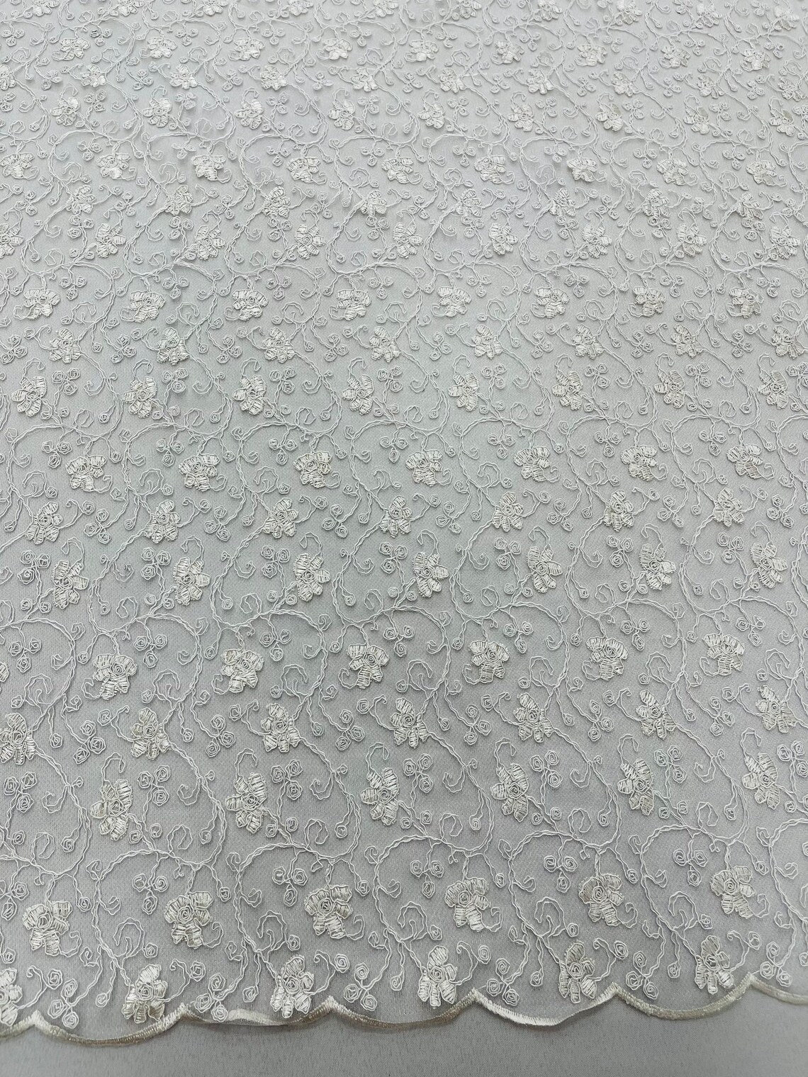 Metallic Floral Lace Fabric - White - Embroidered  Flower Design on Lace Mesh Fabric By Yard