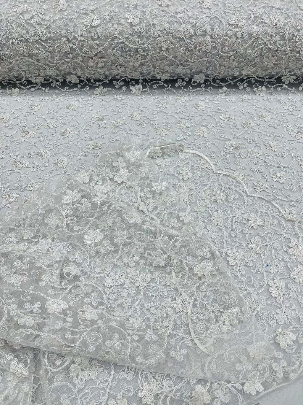 Metallic Floral Lace Fabric - White - Embroidered  Flower Design on Lace Mesh Fabric By Yard