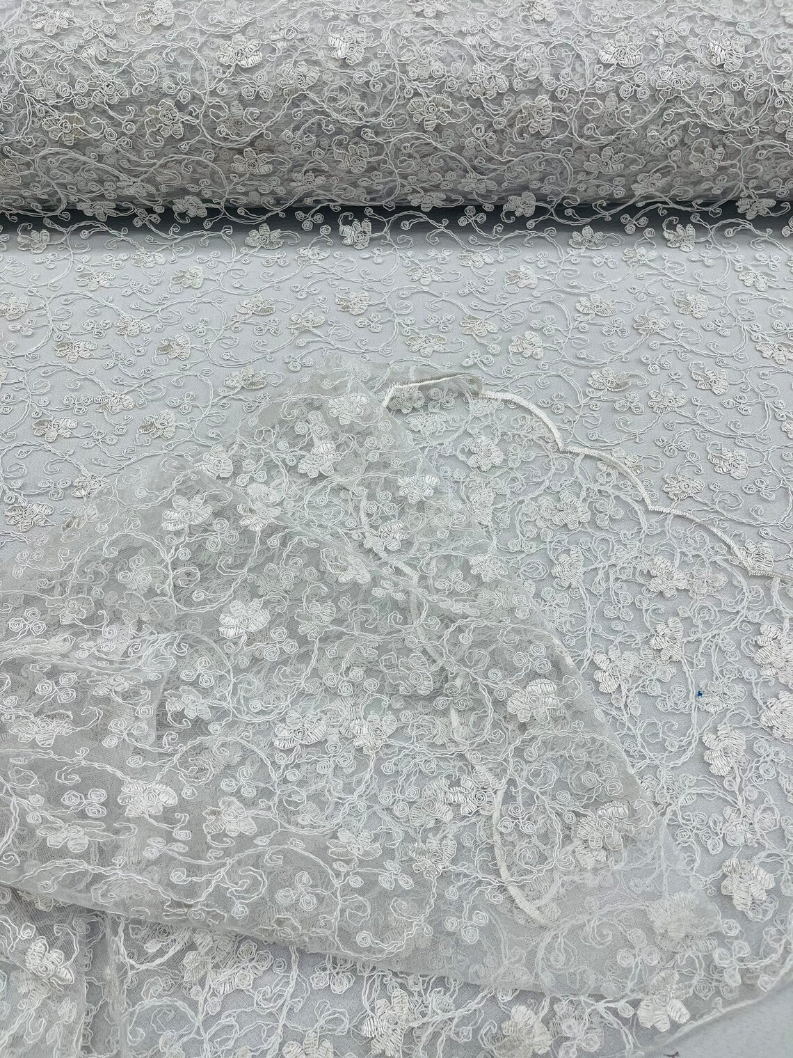 Metallic Floral Lace Fabric - White - Embroidered  Flower Design on Lace Mesh Fabric By Yard