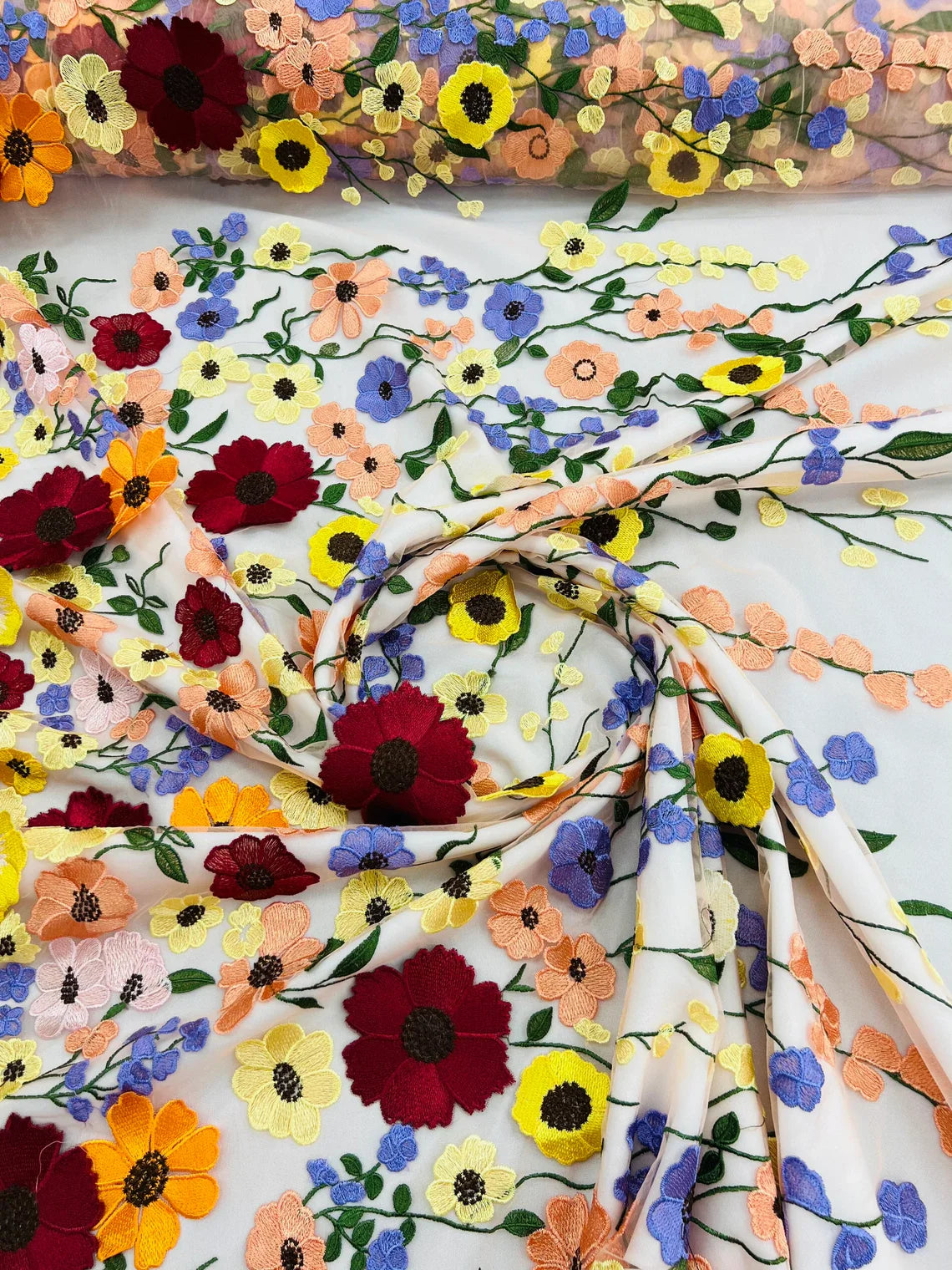 3D Floral and Leaves Embroidery - Peach - Multi Color Flower Design on Mesh by Yard