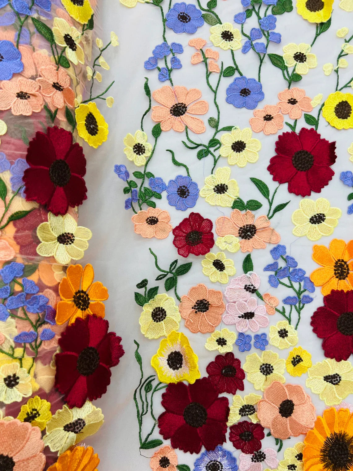 3D Floral and Leaves Embroidery - Peach - Multi Color Flower Design on Mesh by Yard
