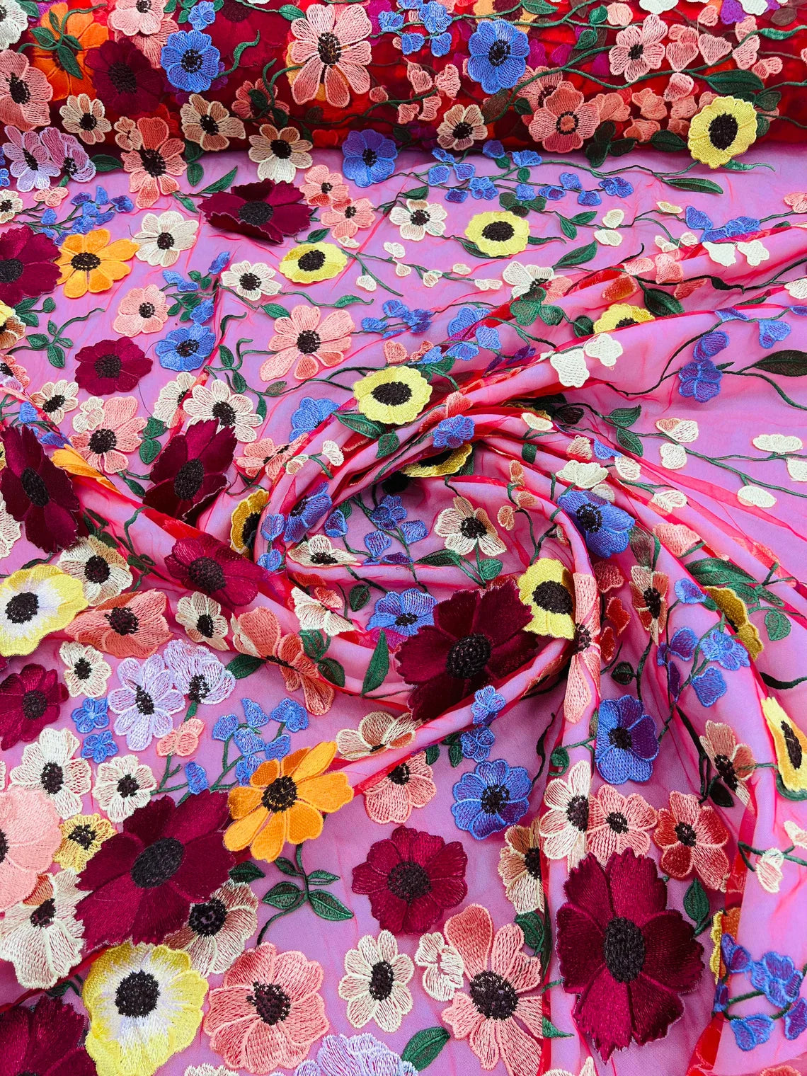 3D Floral and Leaves Embroidery - Red - Multi Color Flower Design on Mesh by Yard