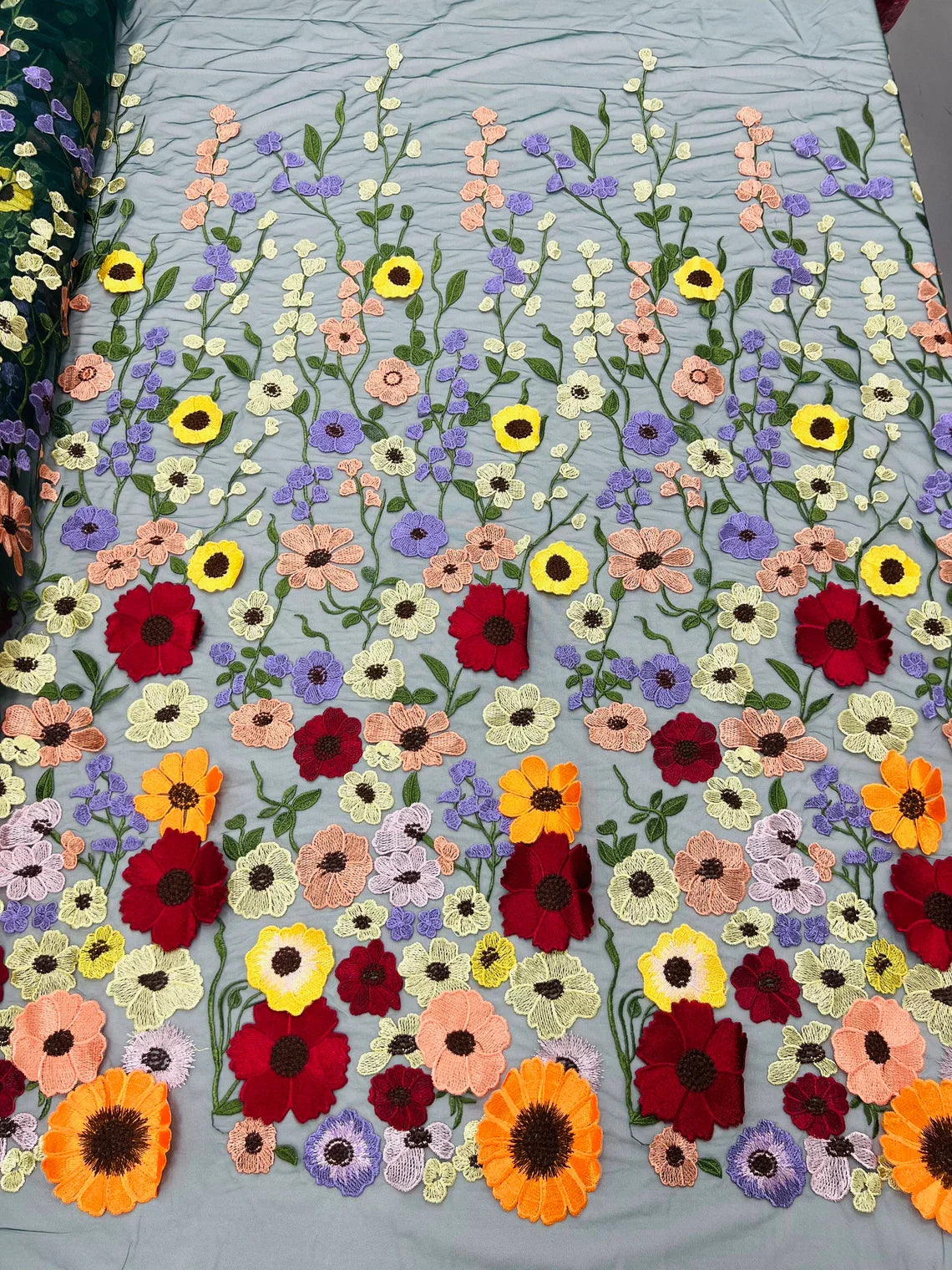 3D Floral and Leaves Embroidery - Hunter Green - Multi Color Flower Design on Mesh by Yard