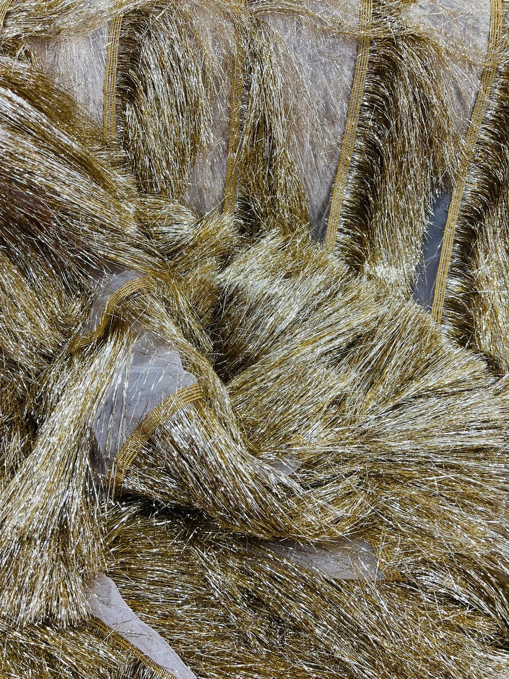Metallic Fringe Eyelash Design - Gold - Embroidered 2 Way Stretch Fancy Fringe By Yard