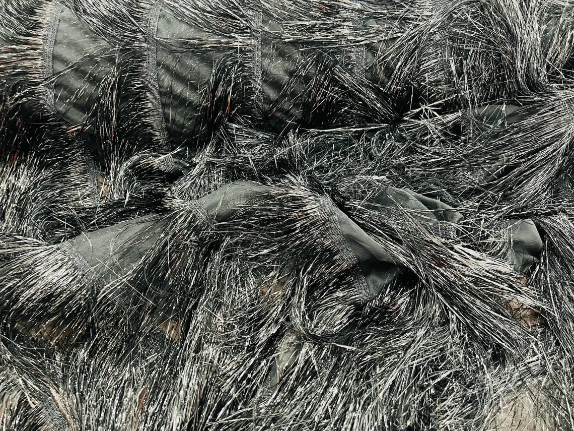 Metallic Fringe Eyelash Design - Black - Embroidered 2 Way Stretch Fancy Fringe By Yard