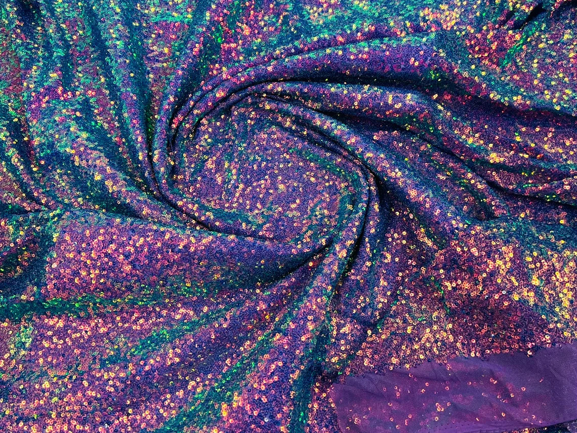 Mini Glitz Sequins - Iridescent Purple on Purple Mesh - Mini Sequins 4 Way Stretch Mesh Fabric