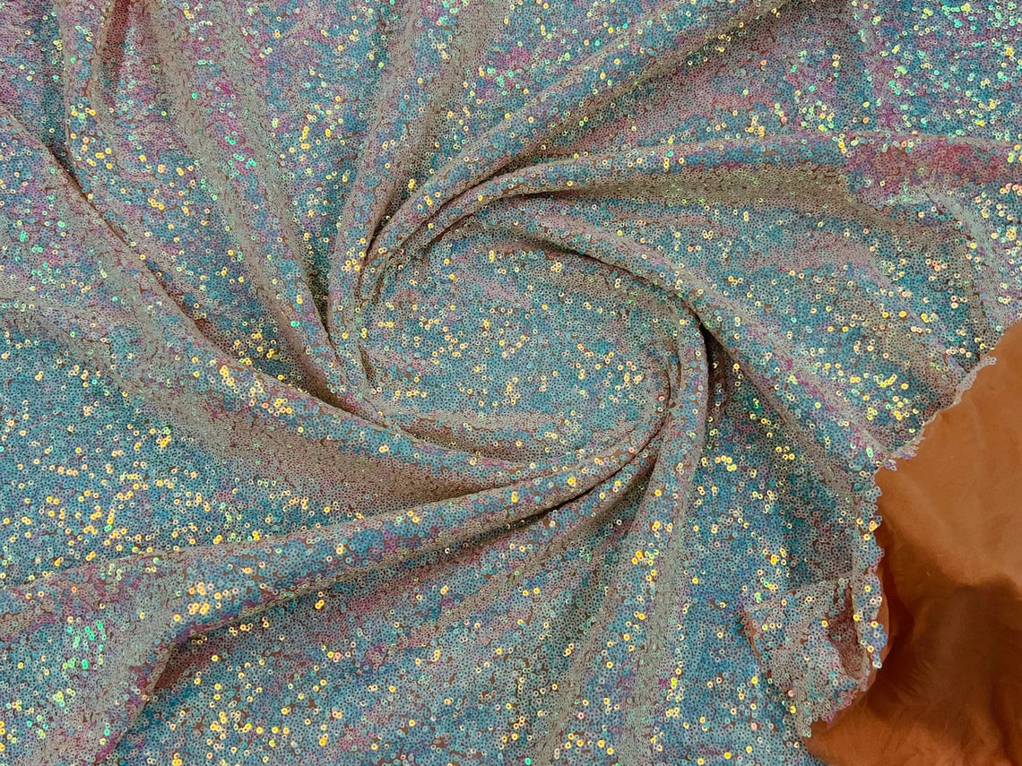 Mini Glitz Sequins - Iridescent Blue/ Pink on Nude Mesh - Mini Sequins 4 Way Stretch Mesh Fabric