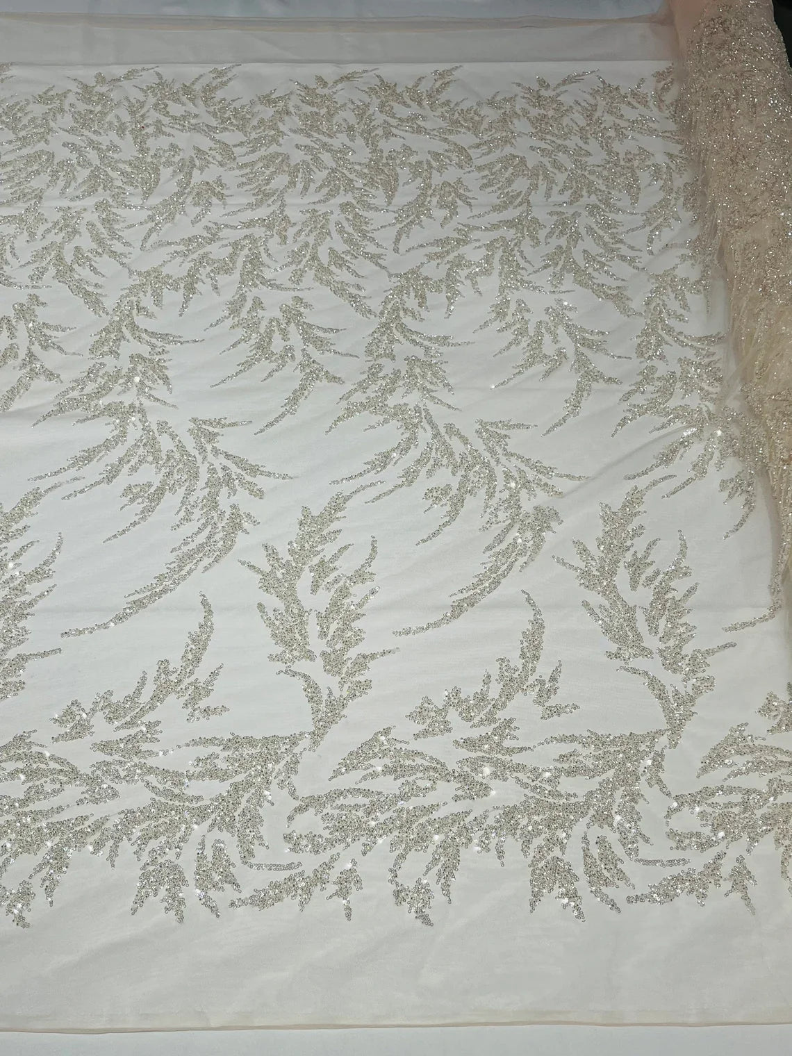 Leaf Plant Cluster Design Fabric - Clear Blush on Mesh - Beaded Embroidered Leaves Design on Lace Mesh By Yard