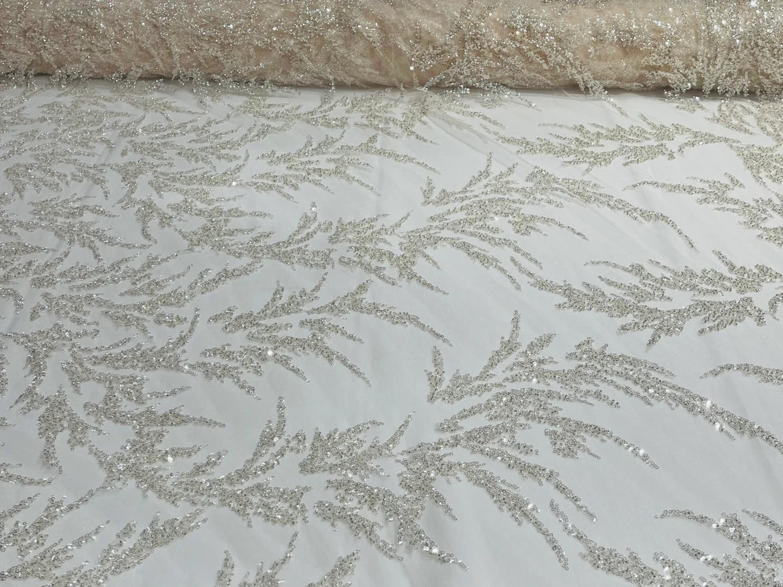 Leaf Plant Cluster Design Fabric - Clear Blush on Mesh - Beaded Embroidered Leaves Design on Lace Mesh By Yard