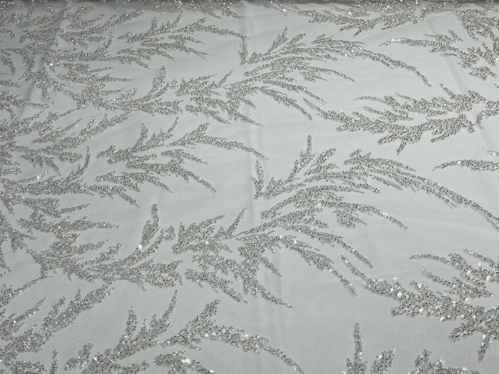 Leaf Plant Cluster Design Fabric - White - Beaded Embroidered Leaves Design on Lace Mesh By Yard