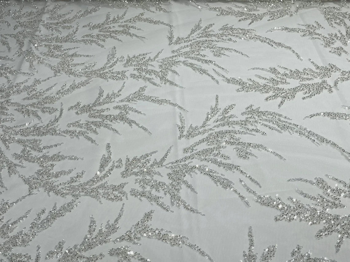 Leaf Plant Cluster Design Fabric - White - Beaded Embroidered Leaves Design on Lace Mesh By Yard