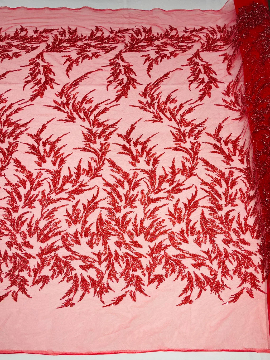 Leaf Plant Cluster Design Fabric - Red - Beaded Embroidered Leaves Design on Lace Mesh By Yard