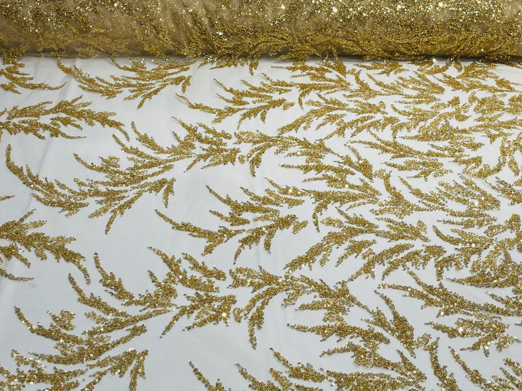 Leaf Plant Cluster Design Fabric - Gold - Beaded Embroidered Leaves Design on Lace Mesh By Yard