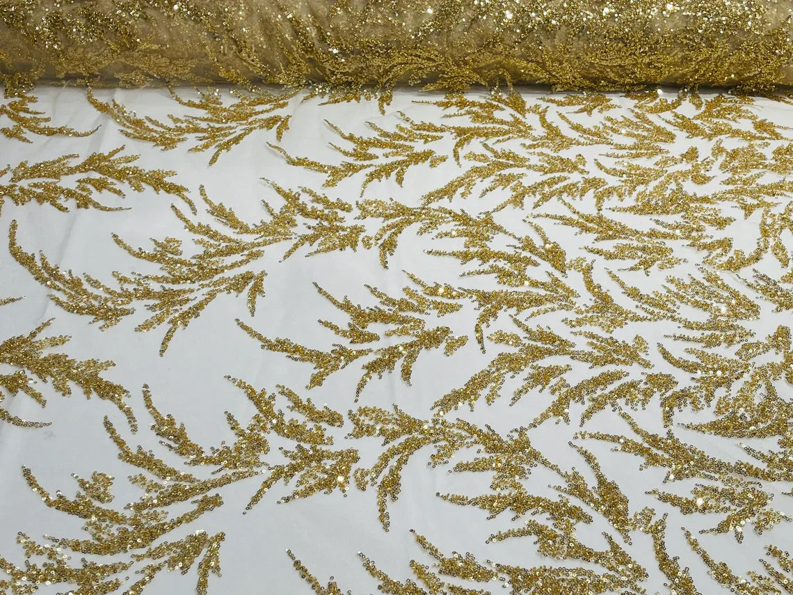 Leaf Plant Cluster Design Fabric - Gold - Beaded Embroidered Leaves Design on Lace Mesh By Yard
