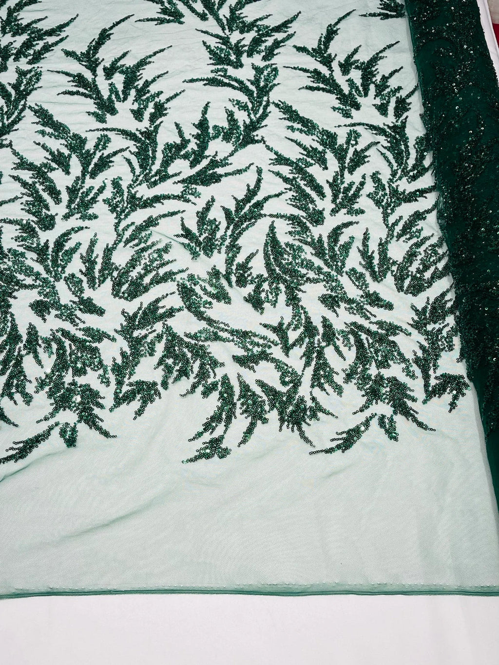 Leaf Plant Cluster Design Fabric - Hunter Green - Beaded Embroidered Leaves Design on Lace Mesh By Yard