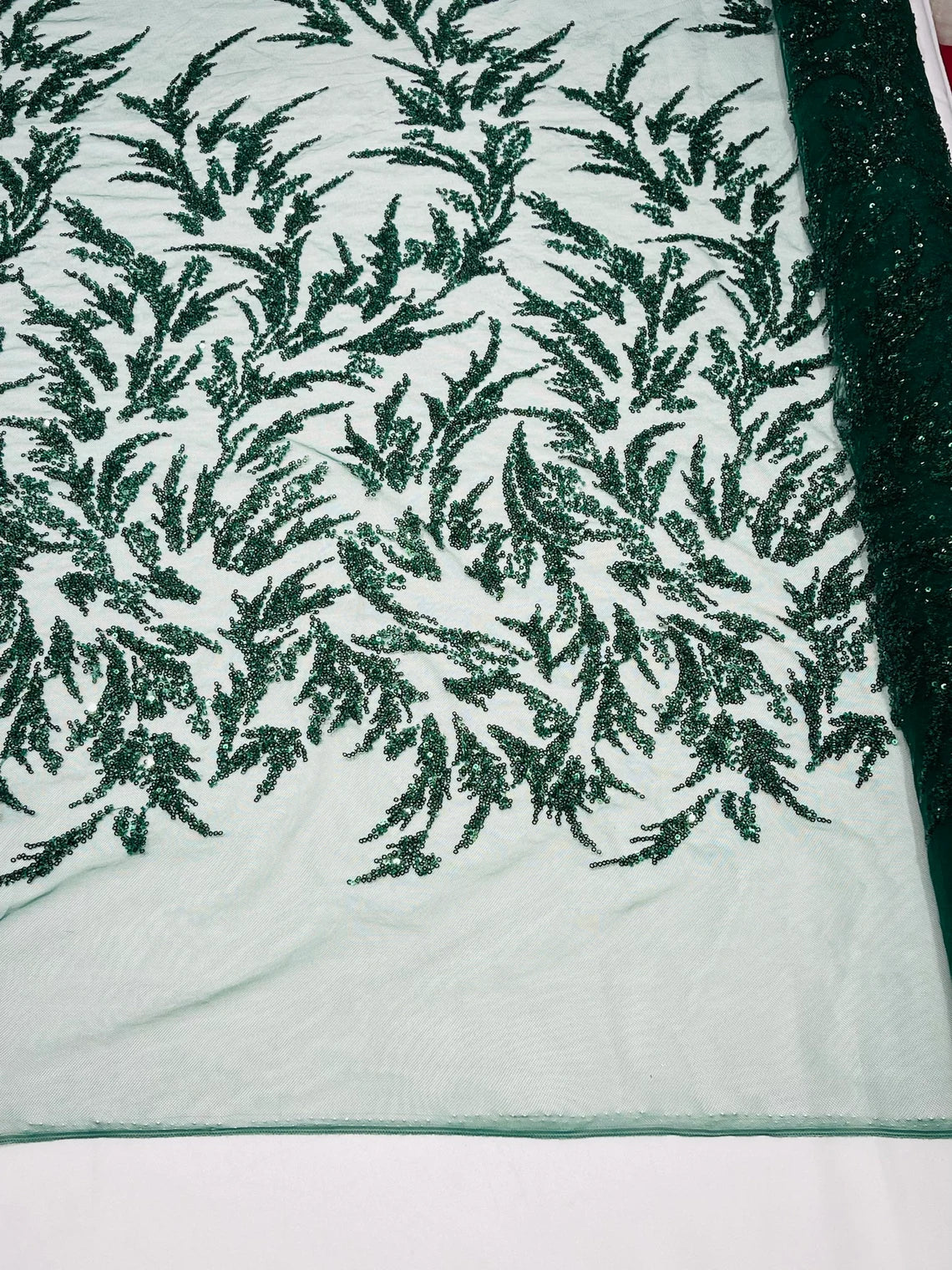 Leaf Plant Cluster Design Fabric - Hunter Green - Beaded Embroidered Leaves Design on Lace Mesh By Yard