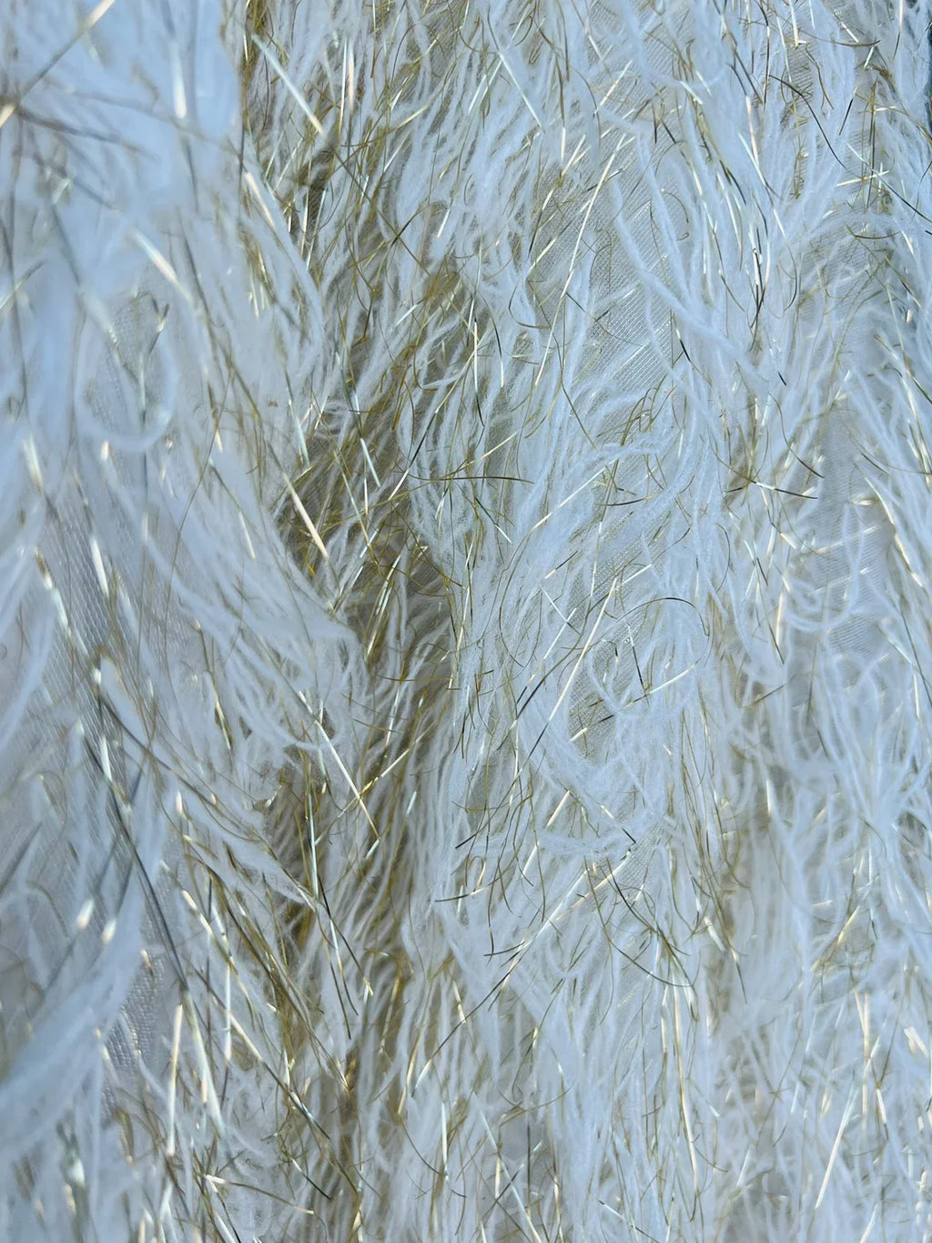 Metallic Eyelash Fabric - Ivory/Gold - Feather/Eyelash/Fringe Design on Mesh By Yard