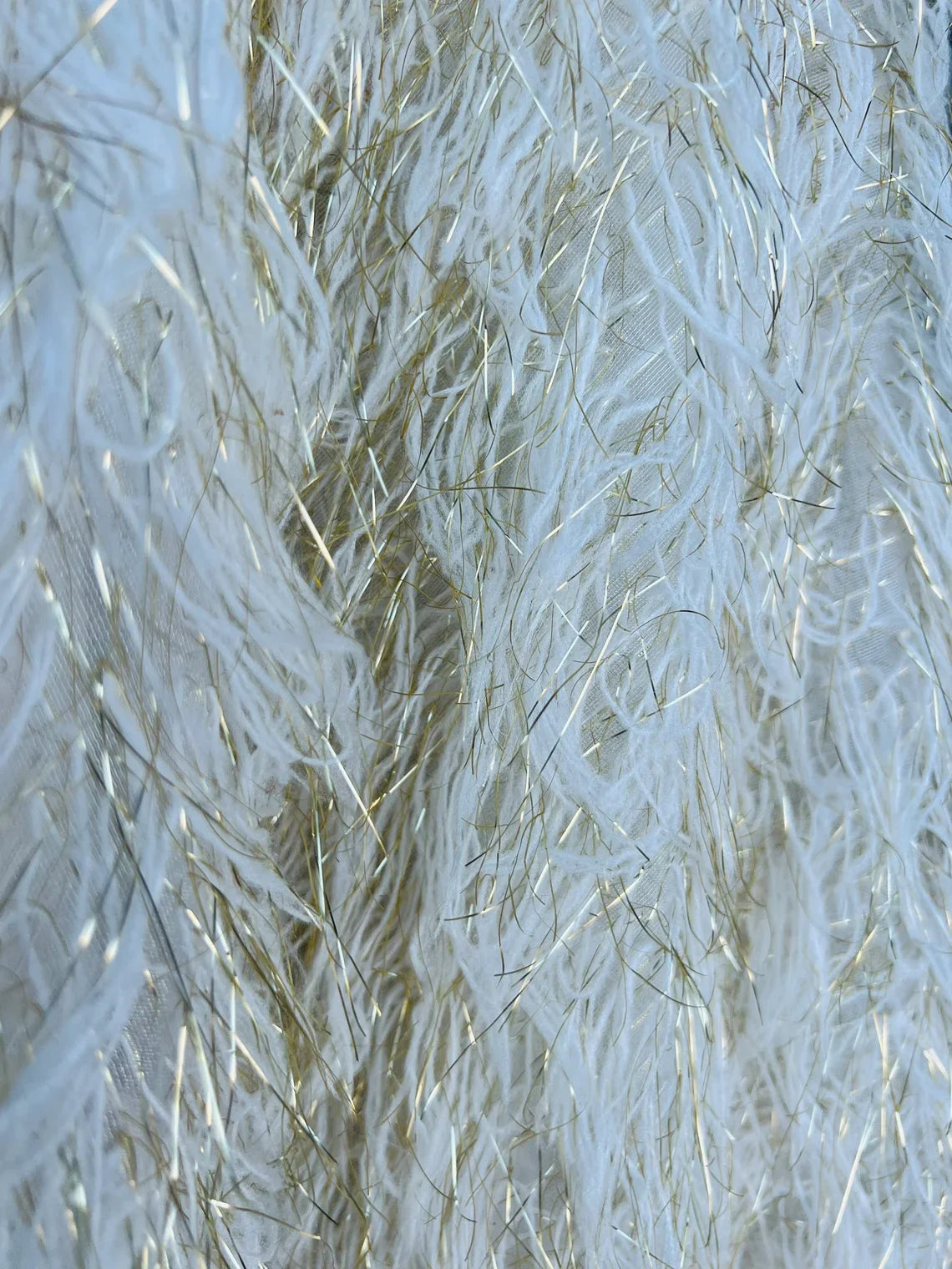 Metallic Eyelash Fabric - Ivory/Gold - Feather/Eyelash/Fringe Design on Mesh By Yard