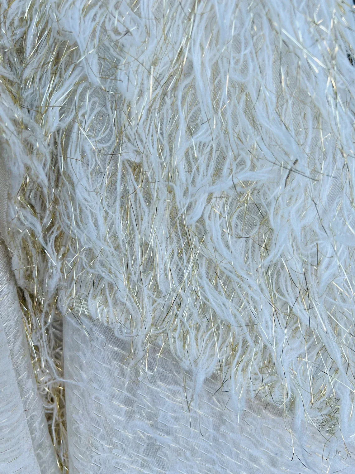 Metallic Eyelash Fabric - Ivory/Gold - Feather/Eyelash/Fringe Design on Mesh By Yard