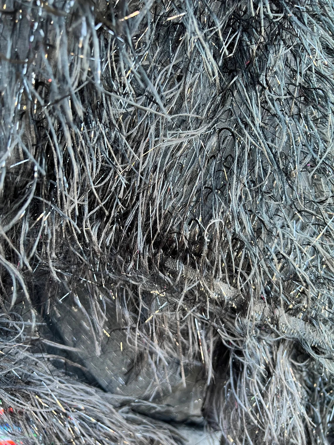 Metallic Eyelash Fabric - Black/Silver - Feather/Eyelash/Fringe Design on Mesh By Yard