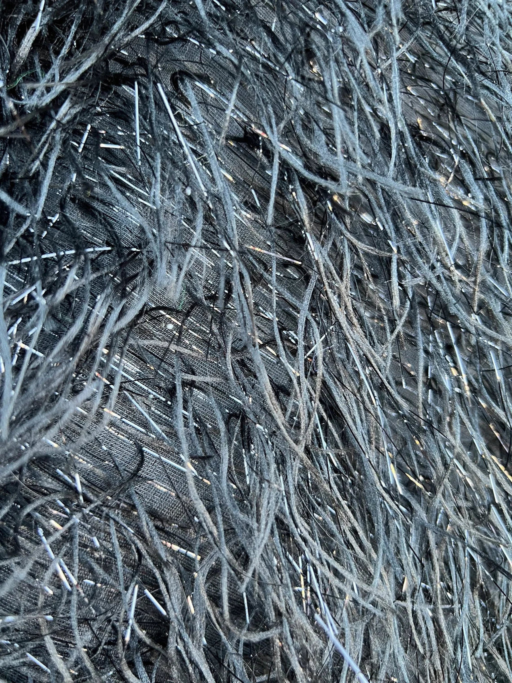 Metallic Eyelash Fabric - Black/Silver - Feather/Eyelash/Fringe Design on Mesh By Yard