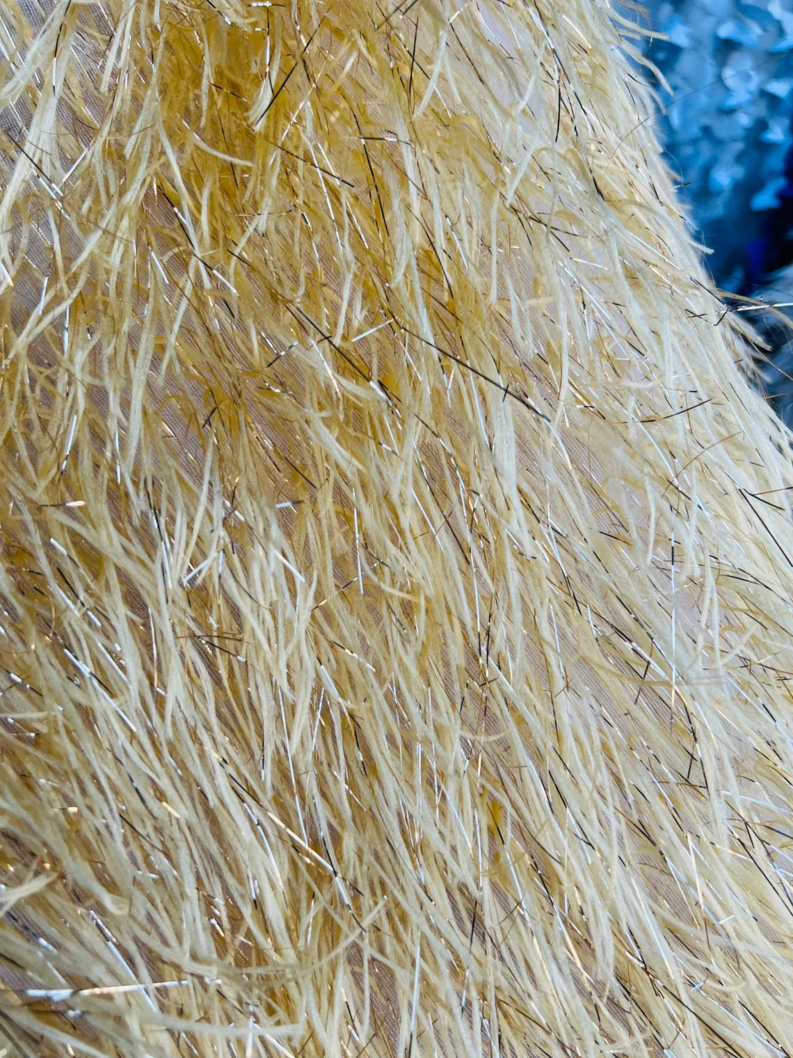 Metallic Eyelash Fabric - Gold - Feather/Eyelash/Fringe Design on Mesh By Yard