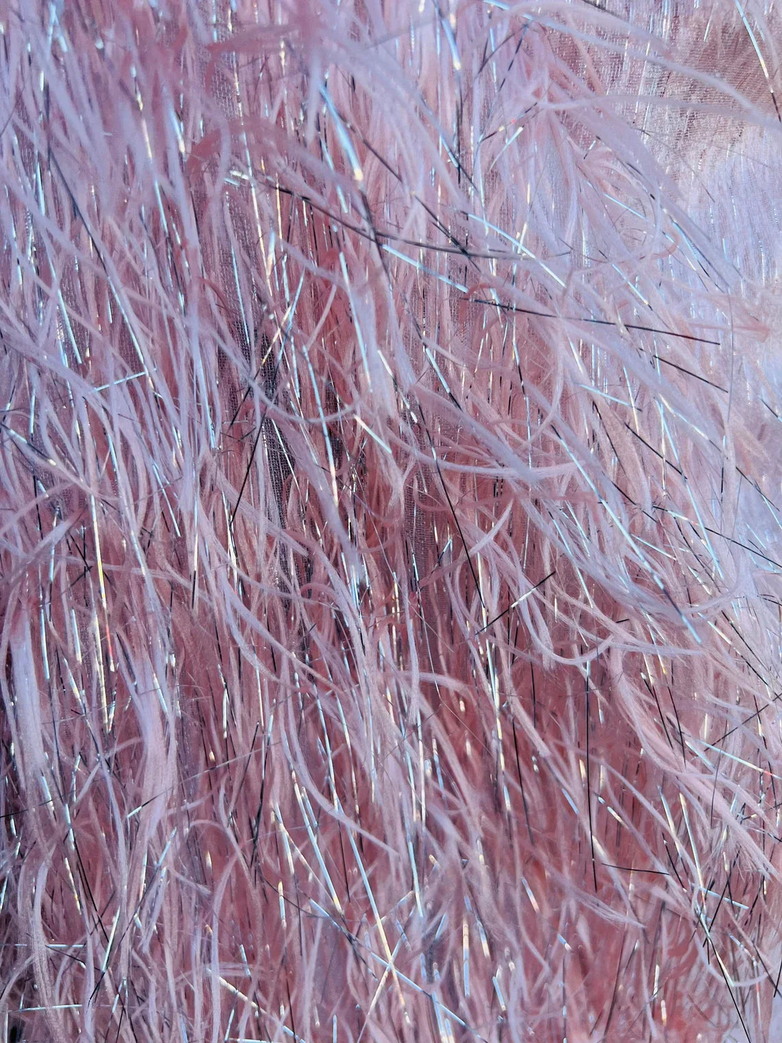 Metallic Eyelash Fabric - Pink/Silver - Feather/Eyelash/Fringe Design on Mesh By Yard