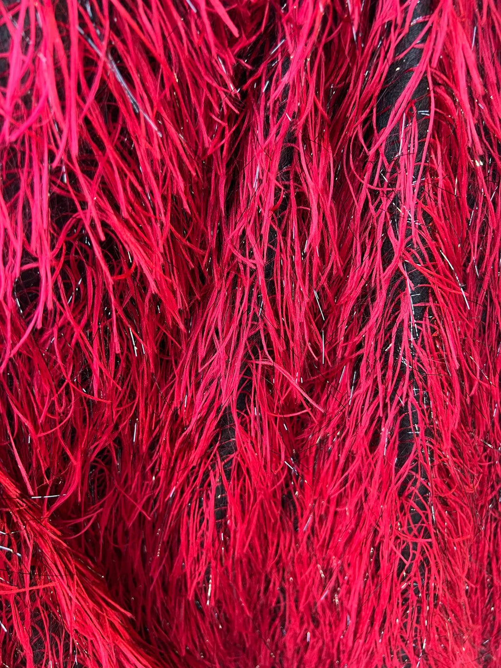 Metallic Eyelash Fabric - Red on Black - Feather/Eyelash/Fringe Design on Mesh By Yard