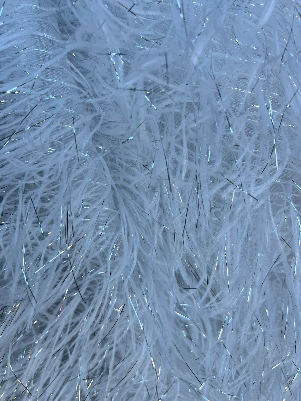 Metallic Eyelash Fabric - White - Feather/Eyelash/Fringe Design on Mesh By Yard