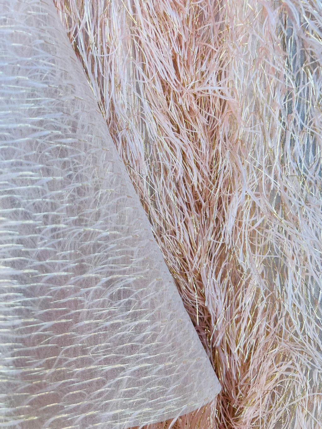 Metallic Eyelash Fabric - Peach - Feather/Eyelash/Fringe Design on Mesh By Yard