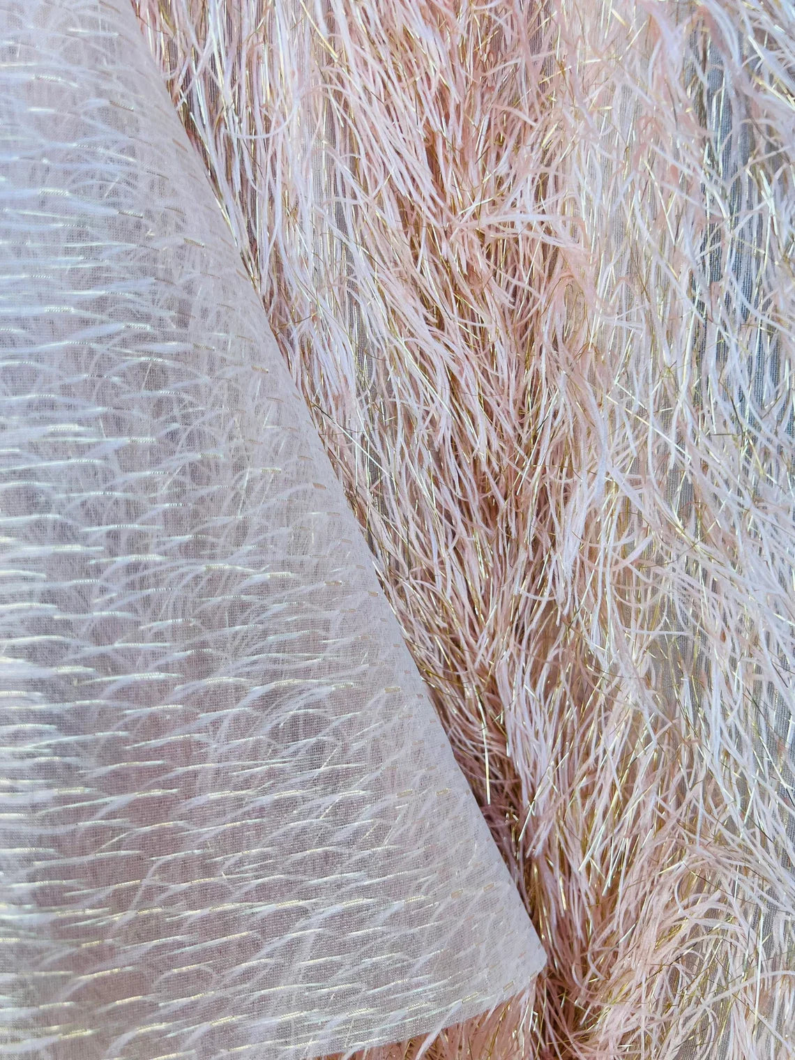 Metallic Eyelash Fabric - Peach - Feather/Eyelash/Fringe Design on Mesh By Yard