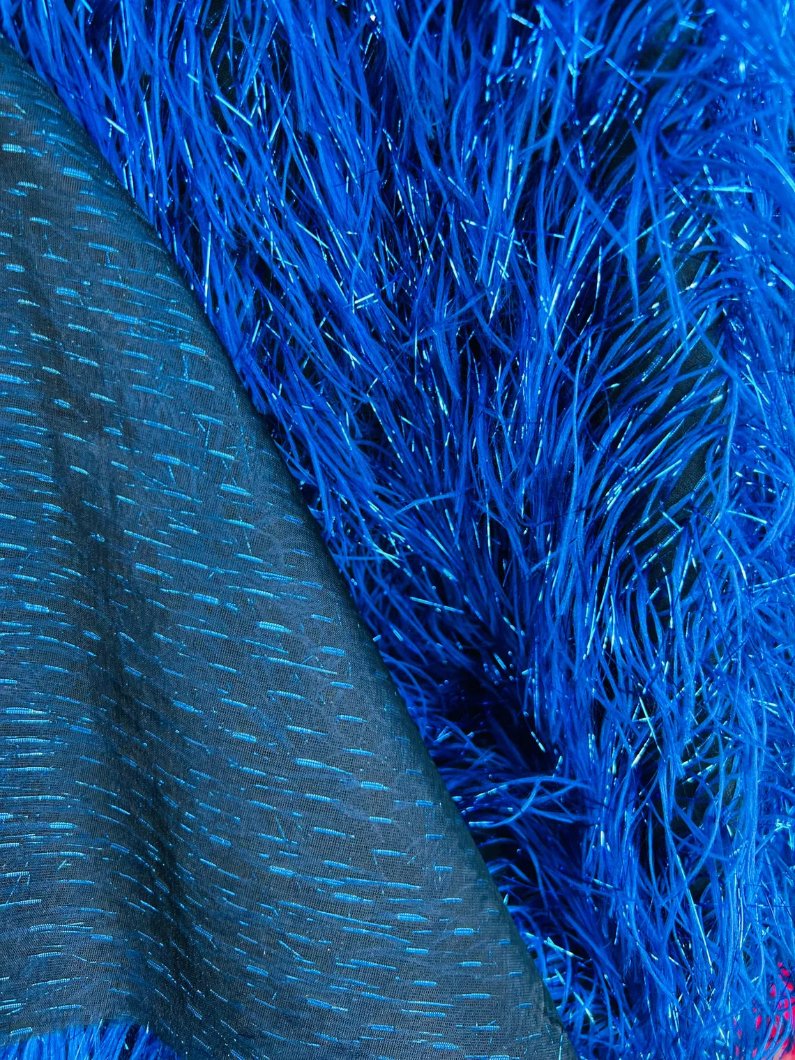 Metallic Eyelash Fabric - Royal Blue - Feather/Eyelash/Fringe Design on Mesh By Yard