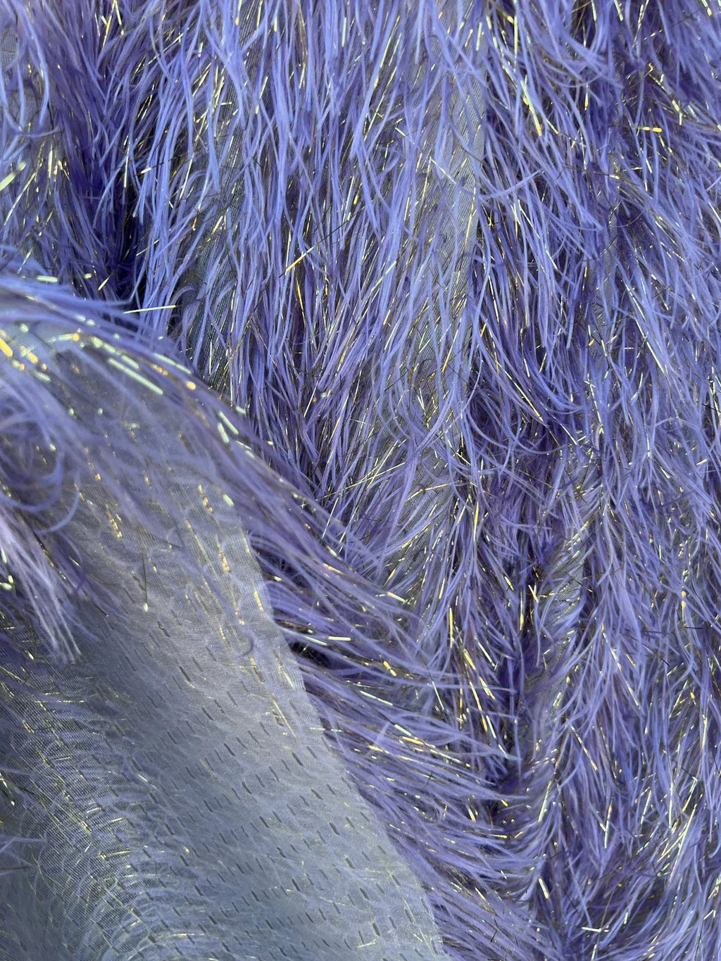 Metallic Eyelash Fabric - Lilac - Feather/Eyelash/Fringe Design on Mesh By Yard
