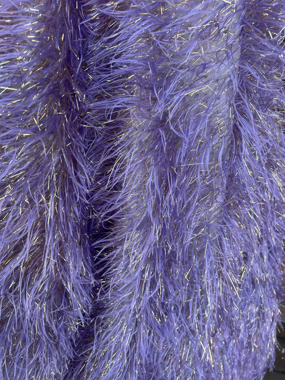 Metallic Eyelash Fabric - Lilac - Feather/Eyelash/Fringe Design on Mesh By Yard