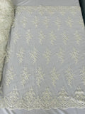 Beaded Shiny Floral Cluster - Off-White - Embroidered Luxury Floral Design by Yard