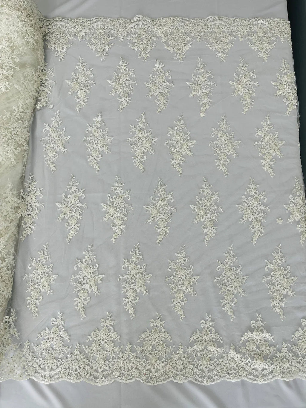 Beaded Shiny Floral Cluster - Off-White - Embroidered Luxury Floral Design by Yard