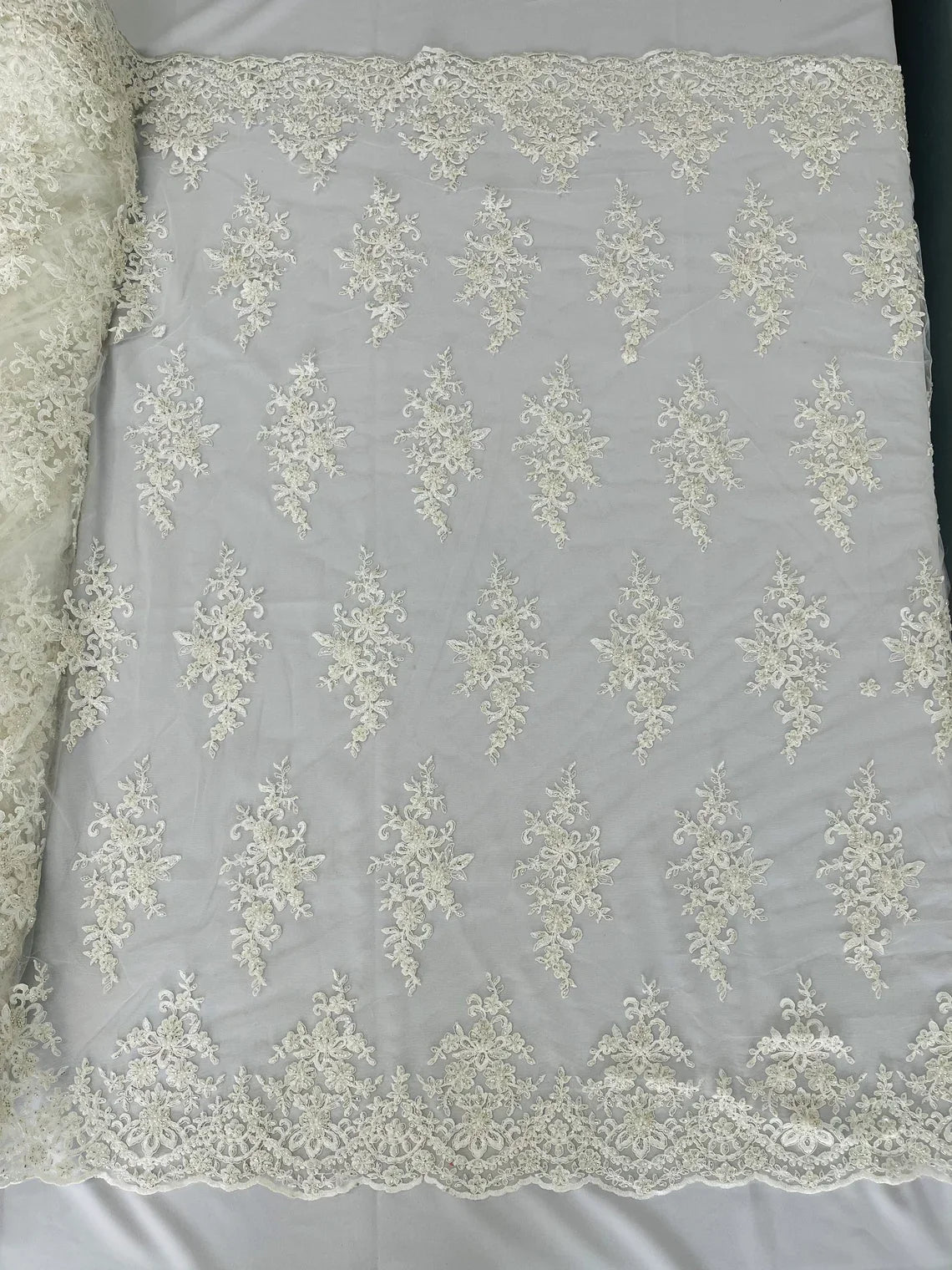 Beaded Shiny Floral Cluster - Off-White - Embroidered Luxury Floral Design by Yard