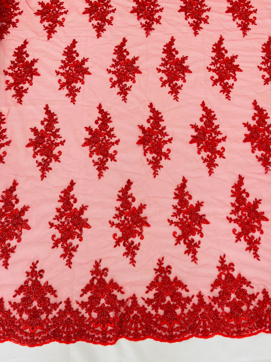 Beaded Shiny Floral Cluster - Red - Embroidered Luxury Floral Design by Yard