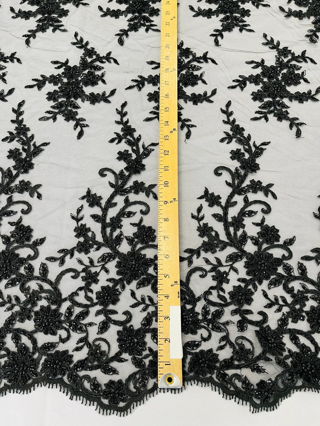 Beaded Floral Cluster - Black - Fancy Embroidered Glamorous Floral Design by Yard