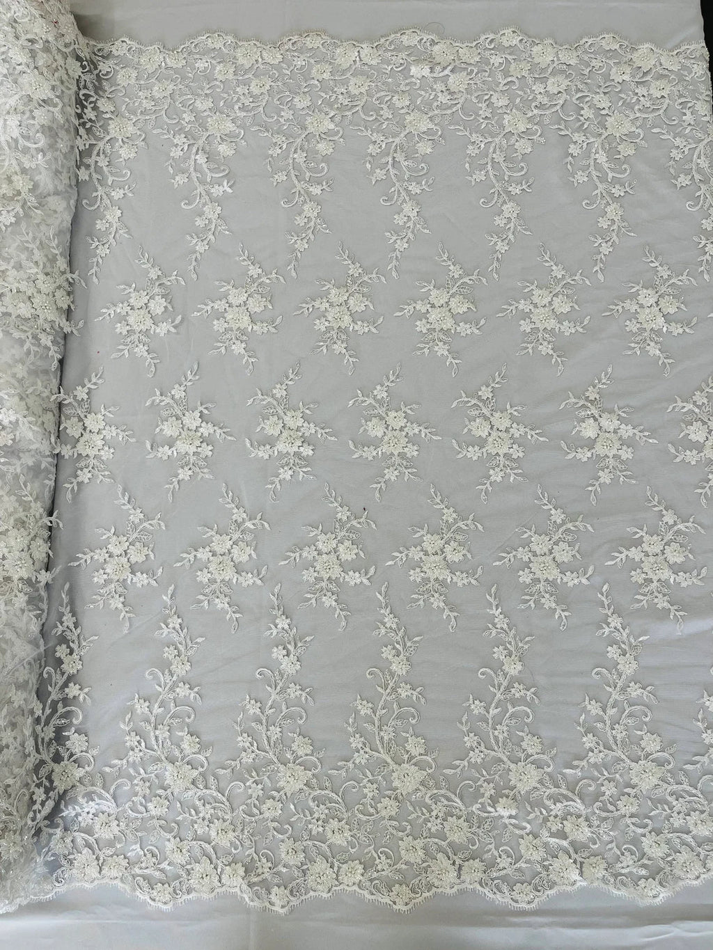 Beaded Floral Cluster - White - Fancy Embroidered Glamorous Floral Design by Yard