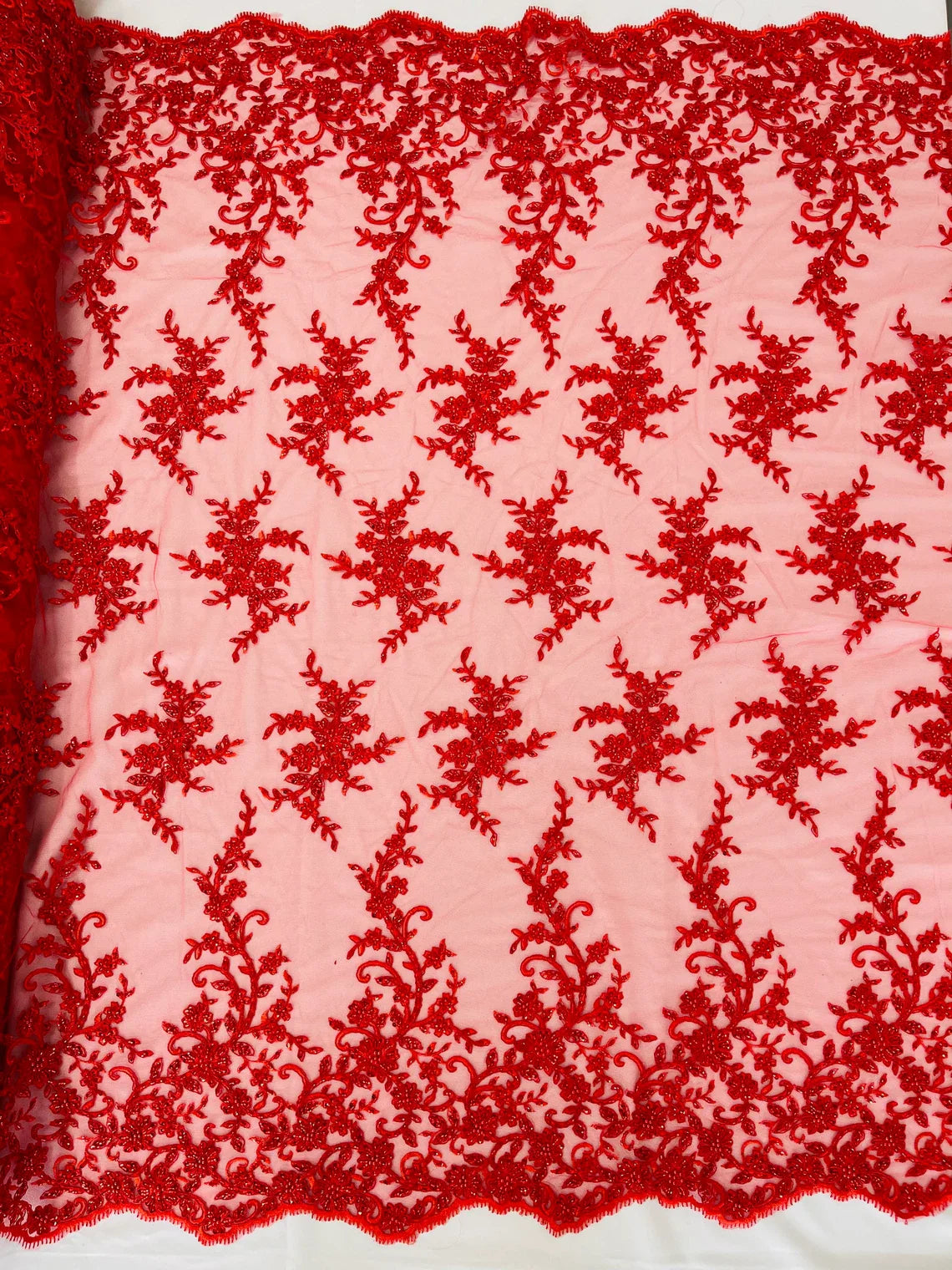Beaded Floral Cluster - Red - Fancy Embroidered Glamorous Floral Design Sold by Yard