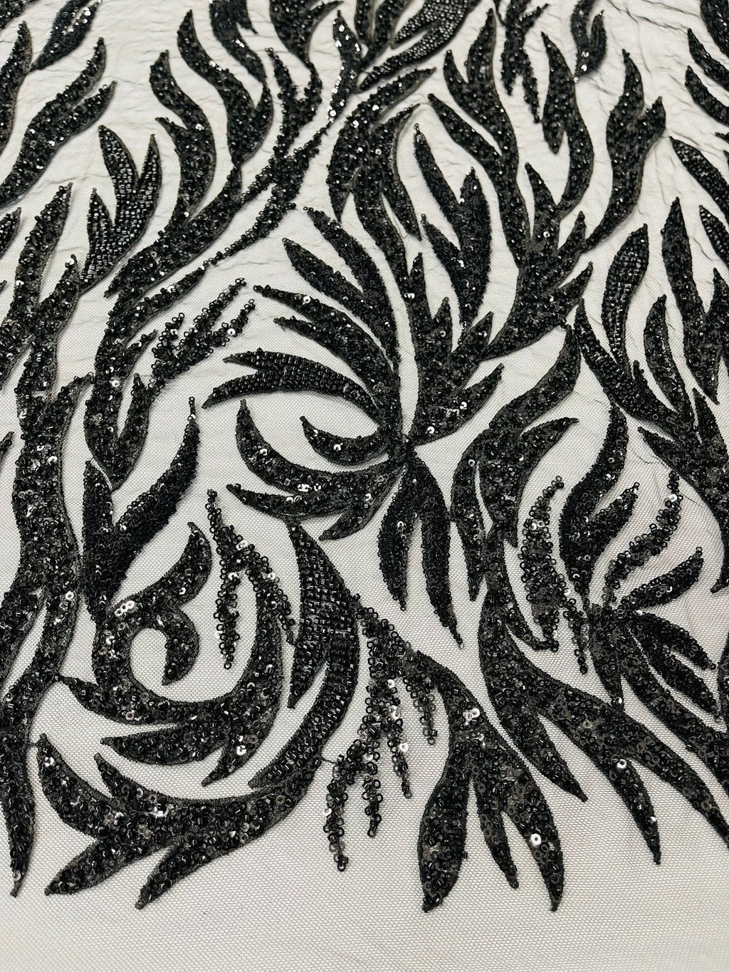 Fire Flame Bead Design - Black - Embroidered Fire Flame Design Fabric with Beads by Yard